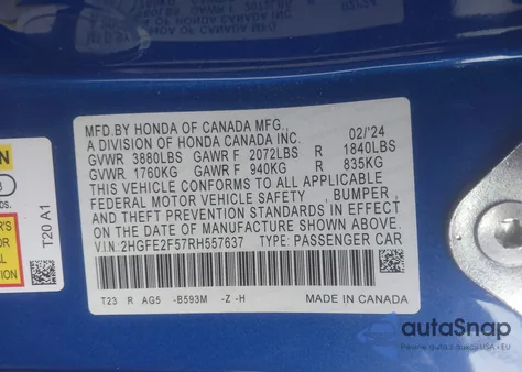 2024 Honda Civic Sport z USA, uszkodzony, nr VIN 2HGFE2F57RH557637